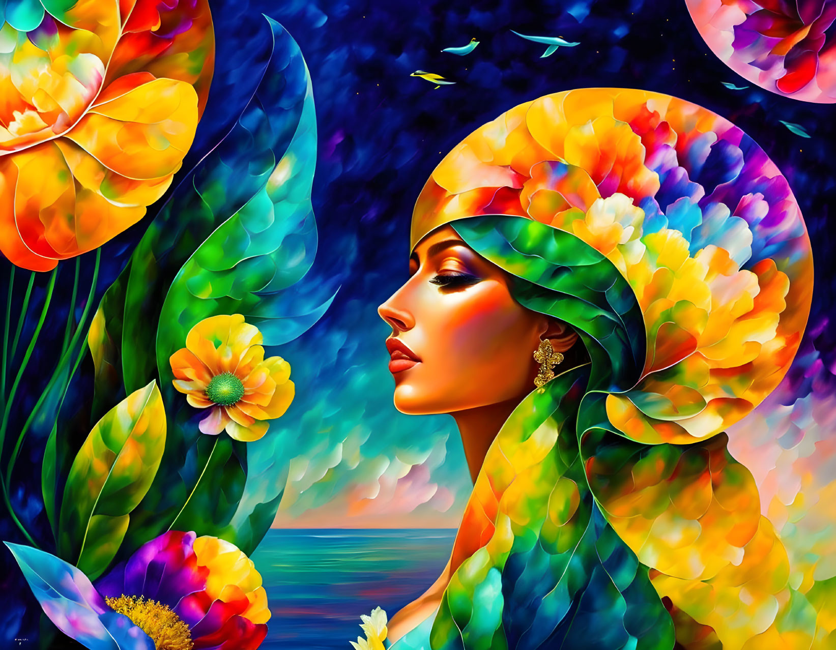 Colorful woman portrait with floral headdress in profile against surreal sunset seascape.