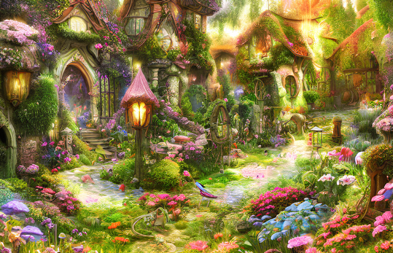 Forest cottage with vibrant flowers, lanterns, and magical ambiance