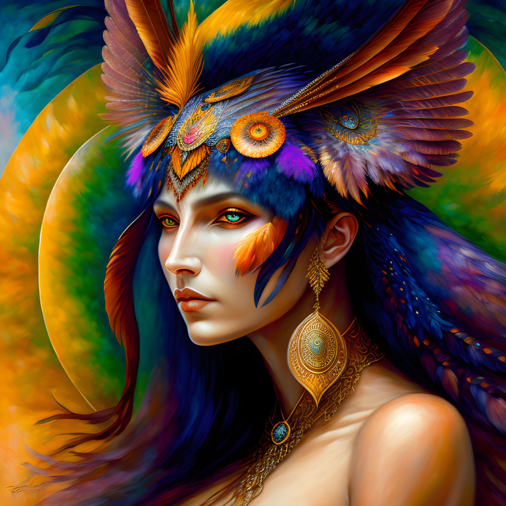 Detailed portrait of a woman in feather headdress with gold jewelry