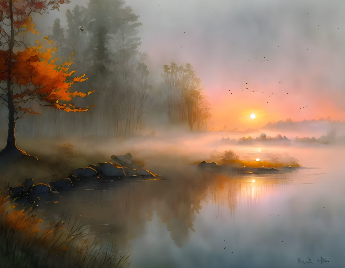 Tranquil sunset landscape with misty water, orange tree, lake reflections, and glowing sun.