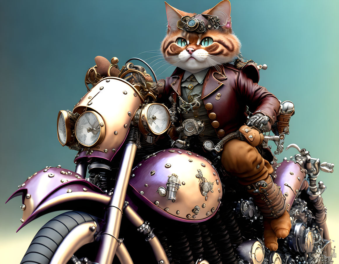 Steampunk anthropomorphic cat illustration with goggles and leather outfit