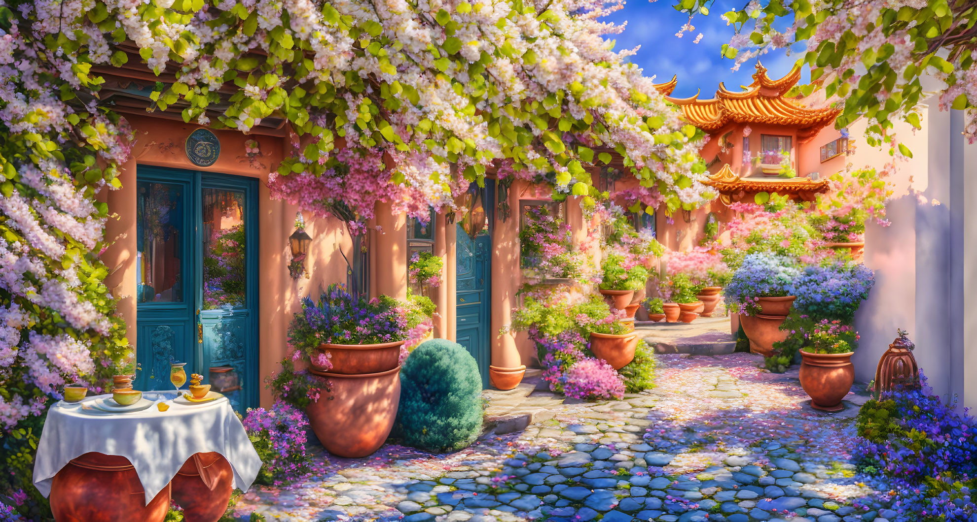 Blooming courtyard with terracotta pots and cobblestone path