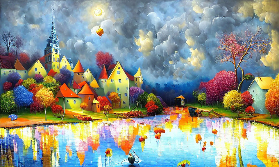 Colorful painting: Quaint village by reflective river, whimsical trees, church spire, storm