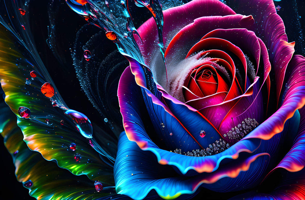 Neon blue and purple rose digital artwork with water splashes and bubbles