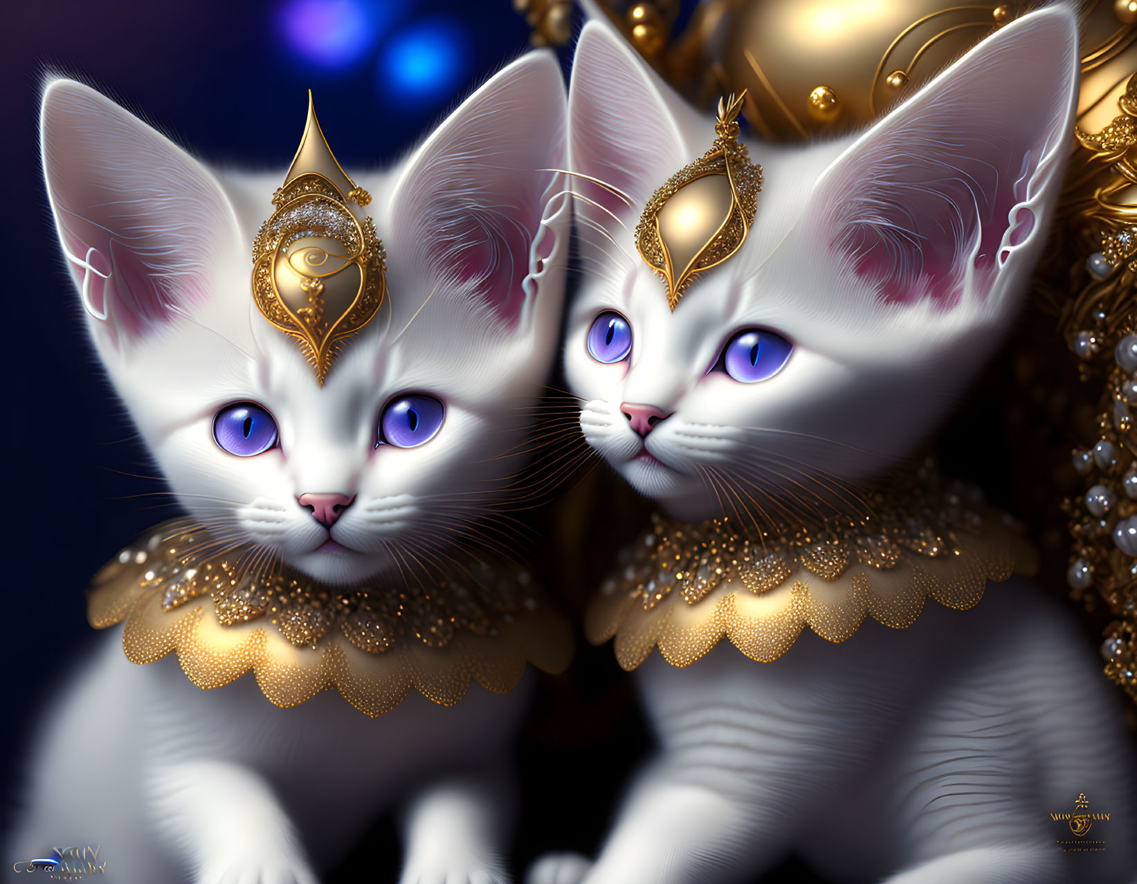 White Cats with Purple Eyes Wearing Golden Jewelry and Headdresses