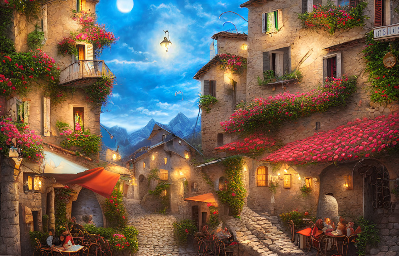 Picturesque cobblestone street in quaint village with stone buildings, colorful flowers, warm lights, and