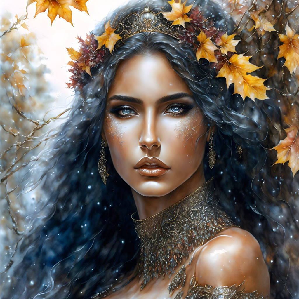 Illustration of woman with blue eyes, autumn leaves in hair, golden jewelry, snowy background