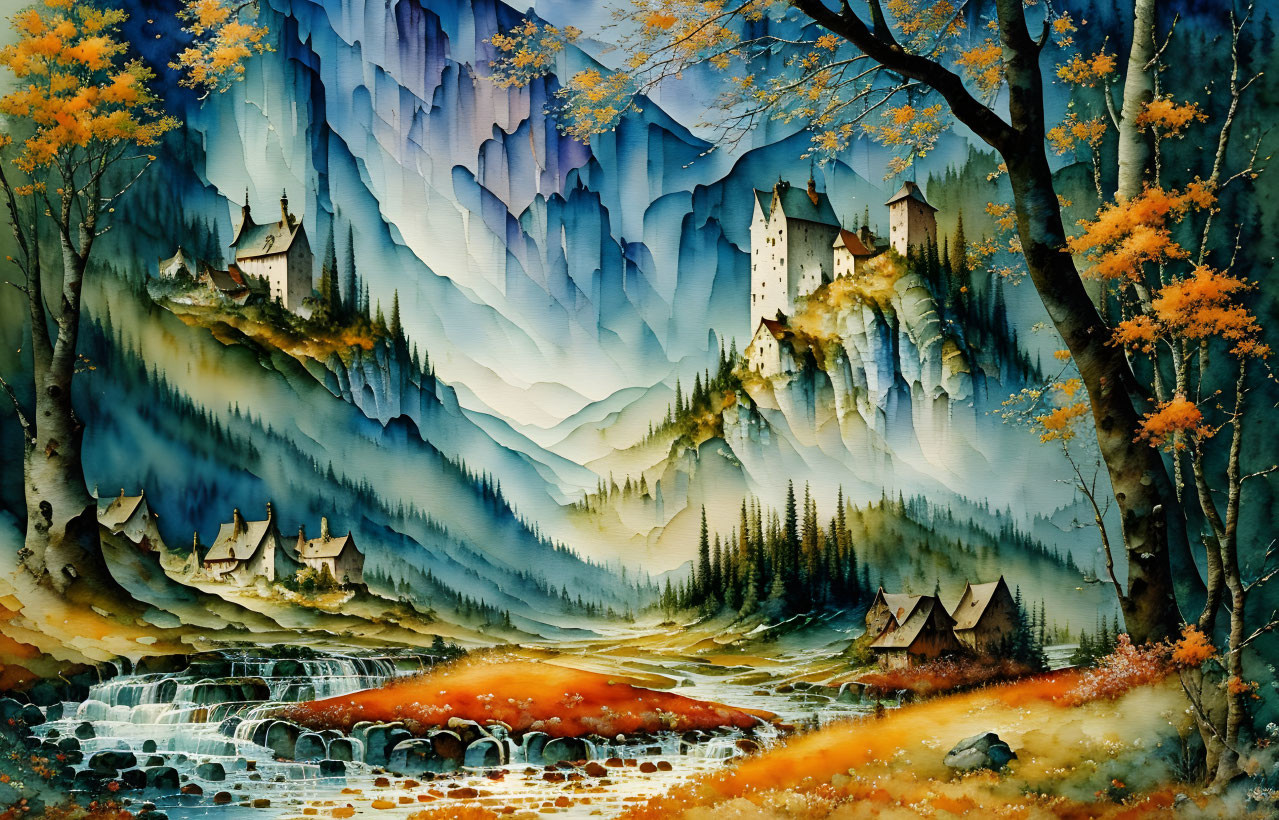 Mystical valley painting: vibrant autumn scene with waterfalls, river, and castles