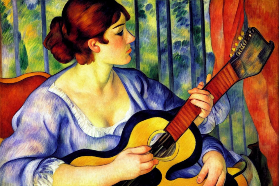 Red-haired woman playing guitar in blue blouse against green and orange striped background