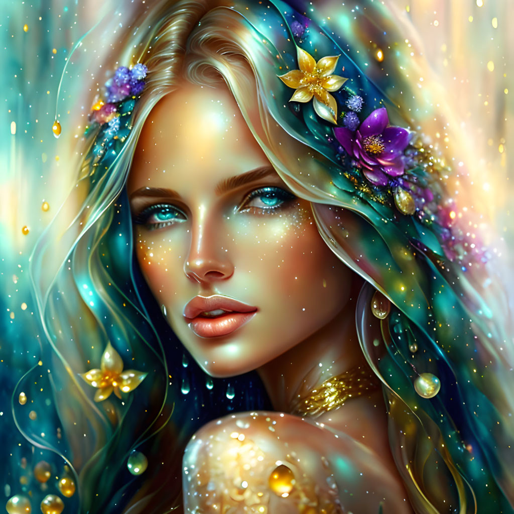 Sparkling teal hair woman with golden skin in mystical setting