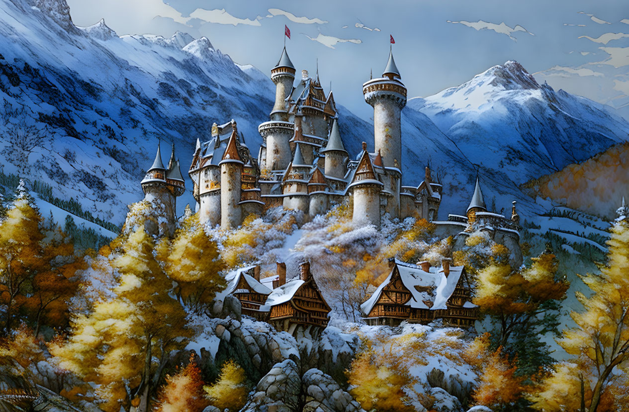 Castle in Snowy Mountains with Stone Towers & Red Flags