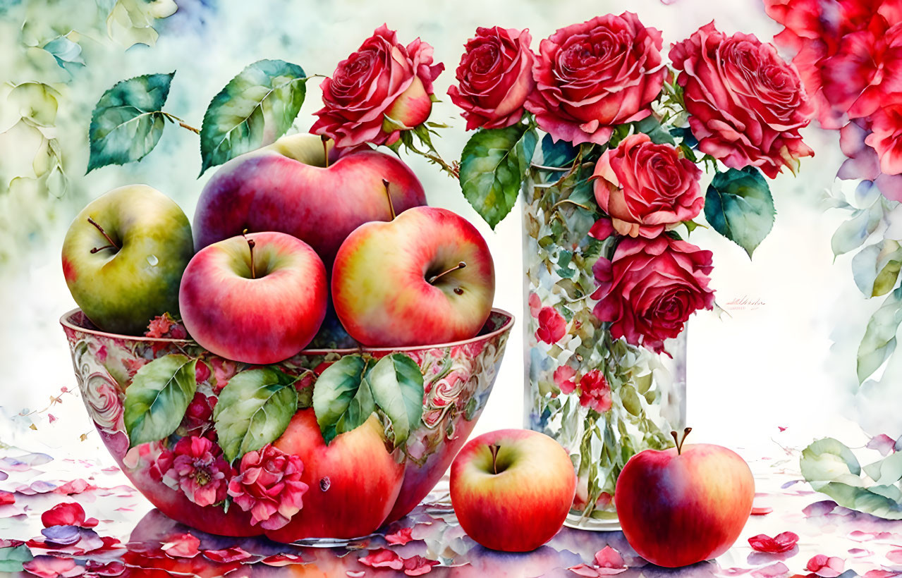 Colorful Still Life Painting with Apples and Roses in Dreamy Setting