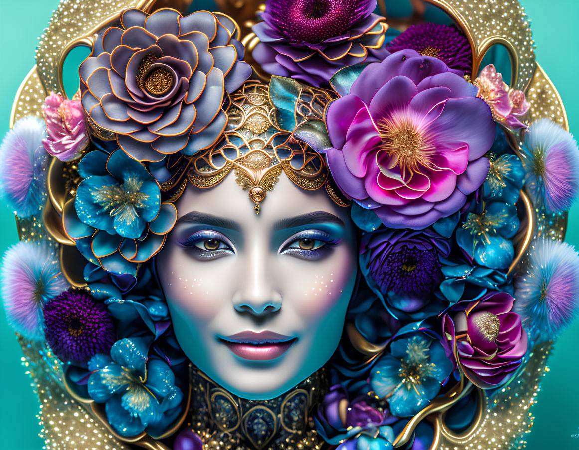 Colorful digital artwork featuring a serene woman with floral headdress on teal background