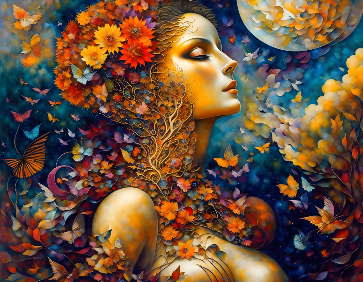 Colorful Artwork: Woman's Profile with Autumn Leaves, Butterflies, and Forest Background