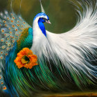 White Peacock with Vibrant Blue Neck and Tail Feathers Next to Orange Flower