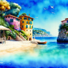 Colorful Coastal Scene with Buildings, Flowers, Boats, and Seagulls