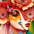 Vibrant surreal portrait featuring woman with red poppy hair.