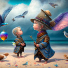 Whimsical children in fantastical outfits on beach with birds and mechanical wings