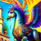 Colorful winged horse artwork with blue and orange feathers beside whimsical tower