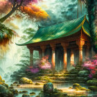 Mystical forest scene with colorful flora, serene pond, and misty ambiance