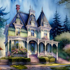 Victorian-style house illustration with lit windows in lush garden setting