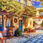 Charming cobblestone street with flower-adorned houses under sunny sky