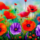 Colorful Red and Purple Poppies in Vibrant Field Against Green Background