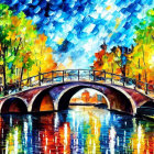 Impressionistic painting: Canal, bridge, bicycles, autumn trees, reflective water, blue sky