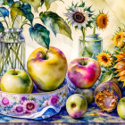 Colorful still-life painting with apples, sunflowers, and greenery on patterned backdrop