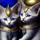 White Cats with Purple Eyes Wearing Golden Jewelry and Headdresses