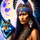 Illustrated portrait of woman with Native American headdress and wolf under vibrant moon.