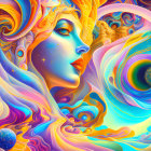 Colorful Psychedelic Artwork: Woman's Face with Swirling Patterns