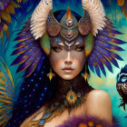 Fantasy illustration: Woman with peacock feather headdress, owl on shoulder, intricate jewelry.