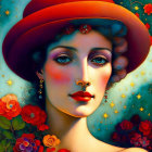 Colorful portrait of woman with striking eyes in red floral hat against starry backdrop