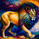 Colorful painting of majestic lion with rainbow-hued mane on swirling backdrop