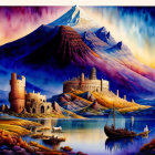 Medieval castle by a lake with boats under a snowy mountain in vibrant, colorful sky