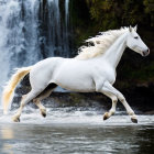 White Horse Galloping in Water with Waterfall Background