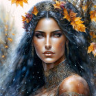 Illustration of woman with blue eyes, autumn leaves in hair, golden jewelry, snowy background