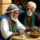 Elderly gentlemen in hats and vests having a conversation at a table