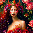 Regal woman with red hair, golden crown, and vibrant roses