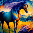 Colorful Horse Painting with Fiery Oranges and Blues