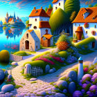 Fantasy village with whimsical cottages, lush gardens, serene lake, and castles