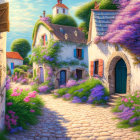 Picturesque village scene with cobblestone path, colorful flowers, white houses, and blue roofs.