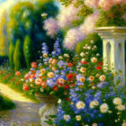 Colorful Garden Painting with Lush Foliage and Classic White Pillar