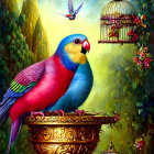 Colorful Bird Painting with Blue and Rainbow Feathers, Small Bird on Branch, and Open Birdc