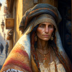 Woman in Headscarf with Ornate Clothing in Historical Street Scene