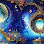 Colorful fantasy art with celestial designs, butterflies, ship, flowers & surreal moon structure