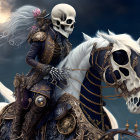 Skeletal figure in black and gold armor on white skeletal horse under dramatic sky