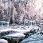 Snowy Landscape with Frozen Waterfalls and Icicles in Soft Sunlight