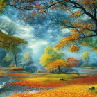 Mystical valley painting: vibrant autumn scene with waterfalls, river, and castles